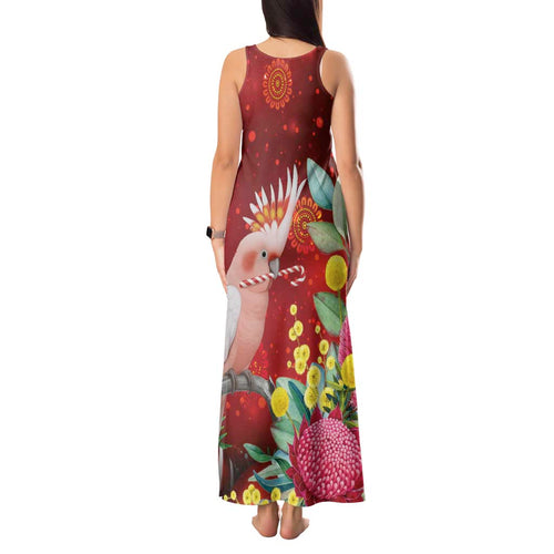 Australia Pink Cockatoo Christmas Tank Maxi Dress Aussie Native Flowers Merry Xmas - Red - Aussie Hoodie