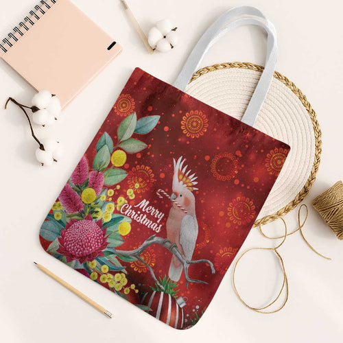 Australia Pink Cockatoo Christmas Tote Bag Aussie Native Flowers Merry Xmas - Red - Aussie Hoodie