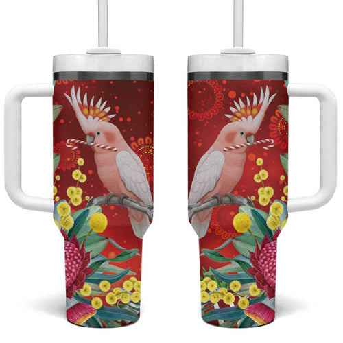 Australia Pink Cockatoo Christmas Tumbler With Handle Aussie Native Flowers Merry Xmas - Red - Aussie Hoodie