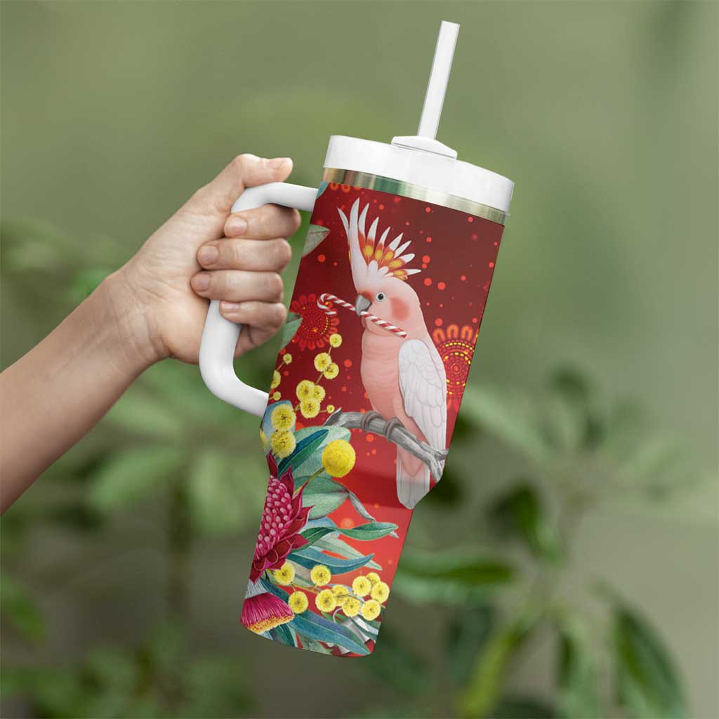 Australia Pink Cockatoo Christmas Tumbler With Handle Aussie Native Flowers Merry Xmas - Red - Aussie Hoodie