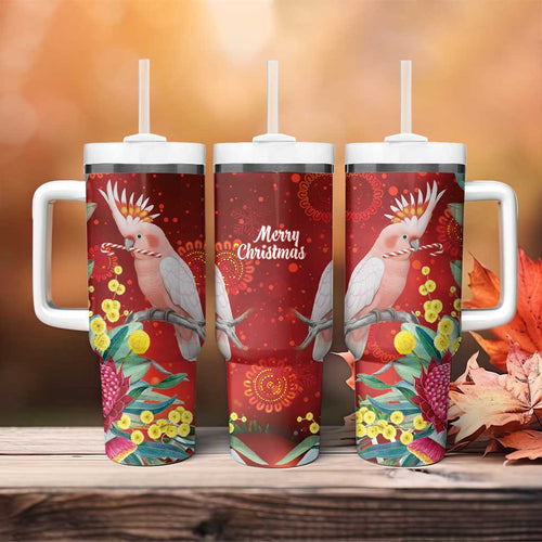 Australia Pink Cockatoo Christmas Tumbler With Handle Aussie Native Flowers Merry Xmas - Red - Aussie Hoodie