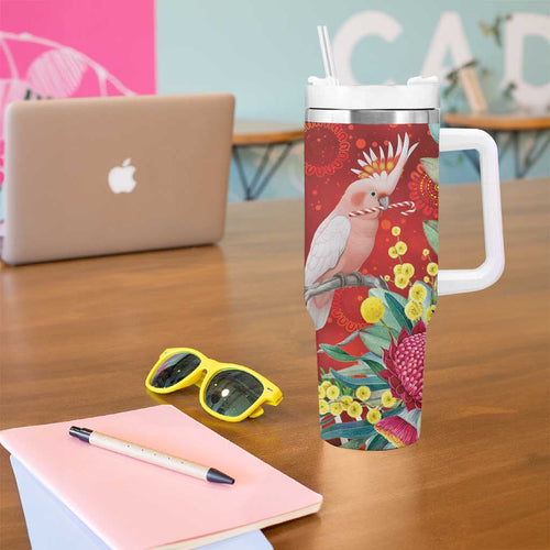 Australia Pink Cockatoo Christmas Tumbler With Handle Aussie Native Flowers Merry Xmas - Red - Aussie Hoodie