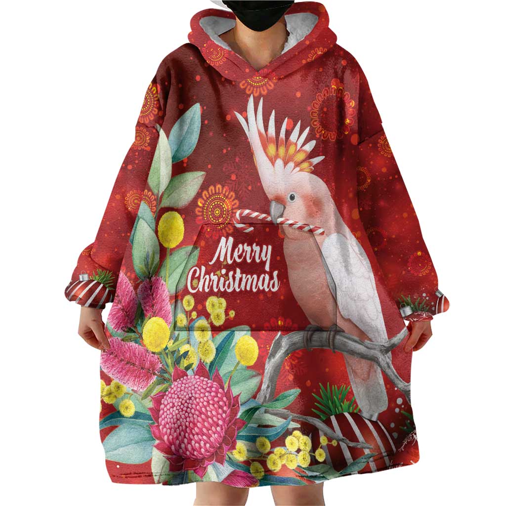 Australia Pink Cockatoo Christmas Wearable Blanket Hoodie Aussie Native Flowers Merry Xmas - Red - Aussie Hoodie