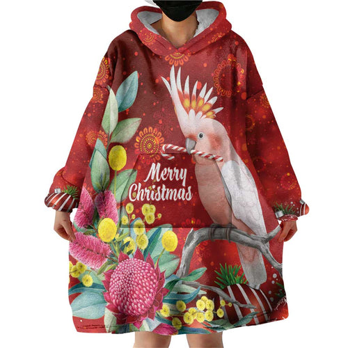 Australia Pink Cockatoo Christmas Wearable Blanket Hoodie Aussie Native Flowers Merry Xmas - Red - Aussie Hoodie