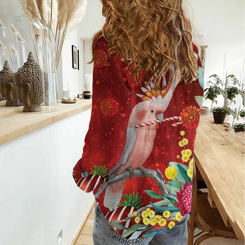 Australia Pink Cockatoo Christmas Women Casual Shirt Aussie Native Flowers Merry Xmas - Red - Aussie Hoodie