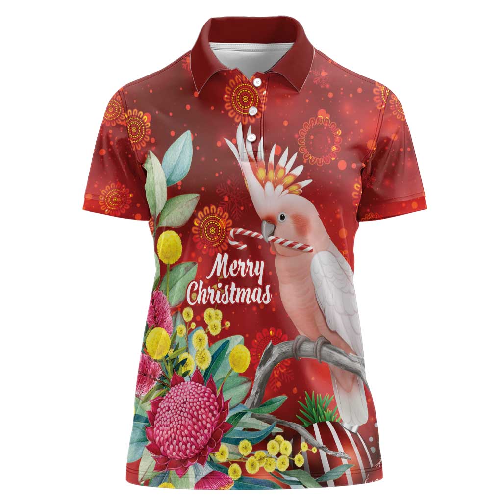 Australia Pink Cockatoo Christmas Women Polo Shirt Aussie Native Flowers Merry Xmas - Red - Aussie Hoodie