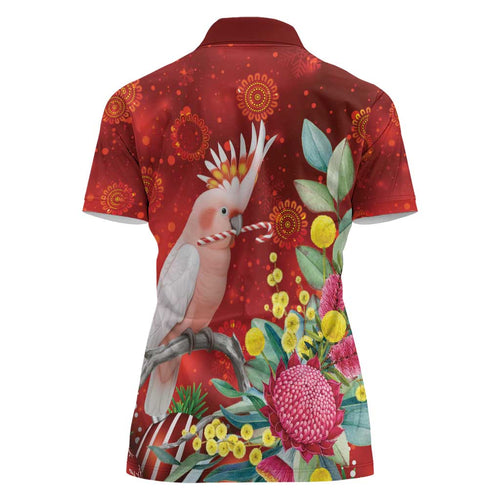 Australia Pink Cockatoo Christmas Women Polo Shirt Aussie Native Flowers Merry Xmas - Red - Aussie Hoodie