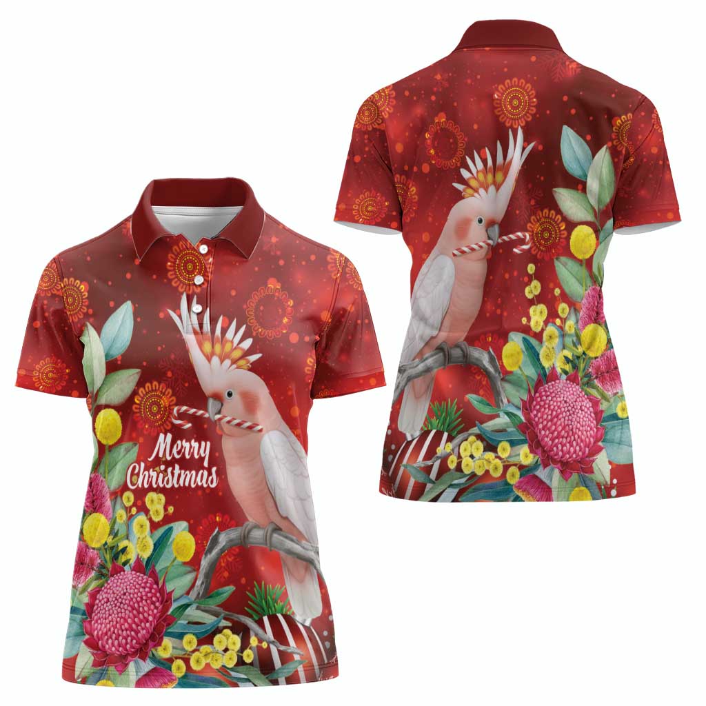 Australia Pink Cockatoo Christmas Women Polo Shirt Aussie Native Flowers Merry Xmas - Red - Aussie Hoodie