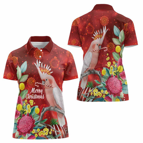 Australia Pink Cockatoo Christmas Women Polo Shirt Aussie Native Flowers Merry Xmas - Red - Aussie Hoodie