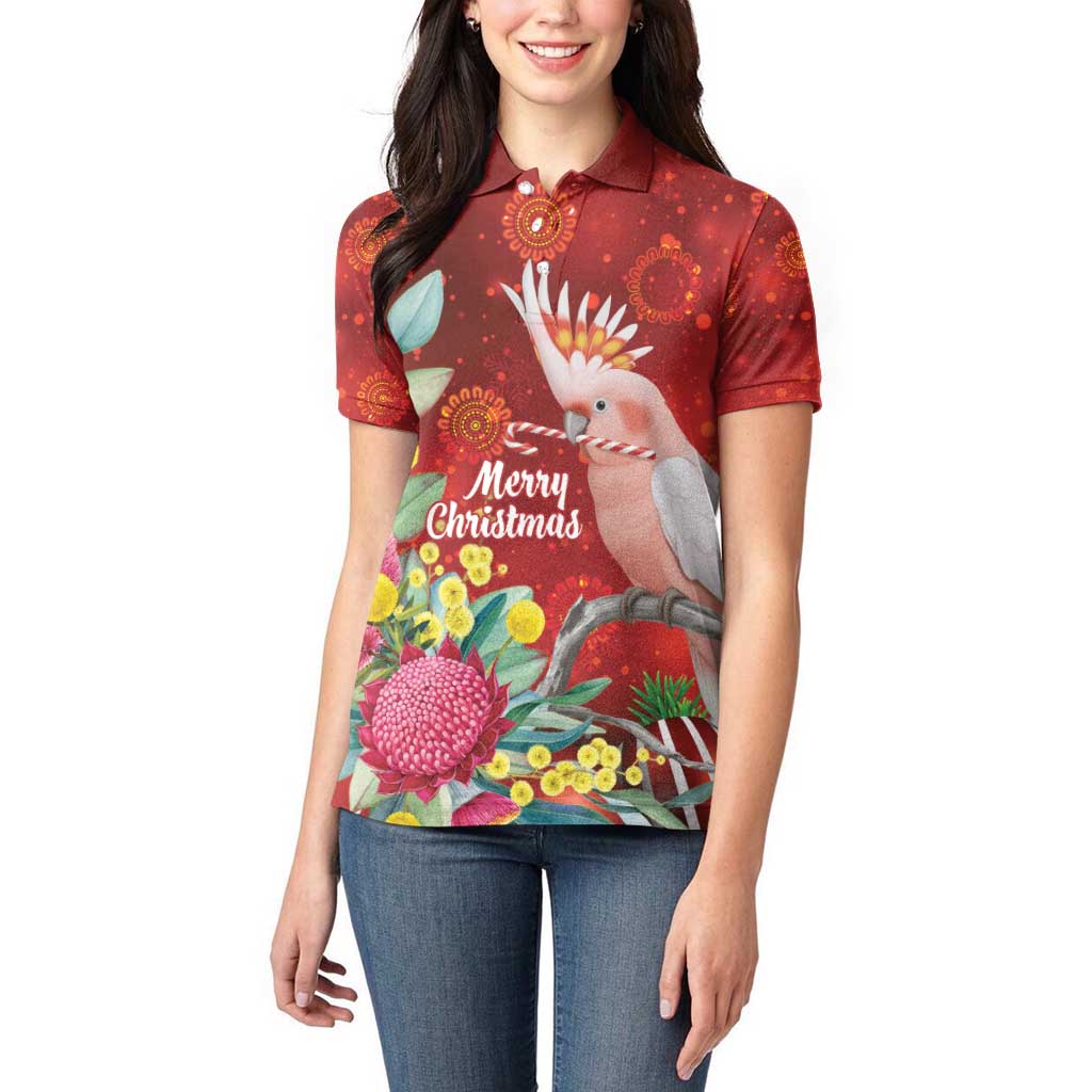 Australia Pink Cockatoo Christmas Women Polo Shirt Aussie Native Flowers Merry Xmas - Red - Aussie Hoodie
