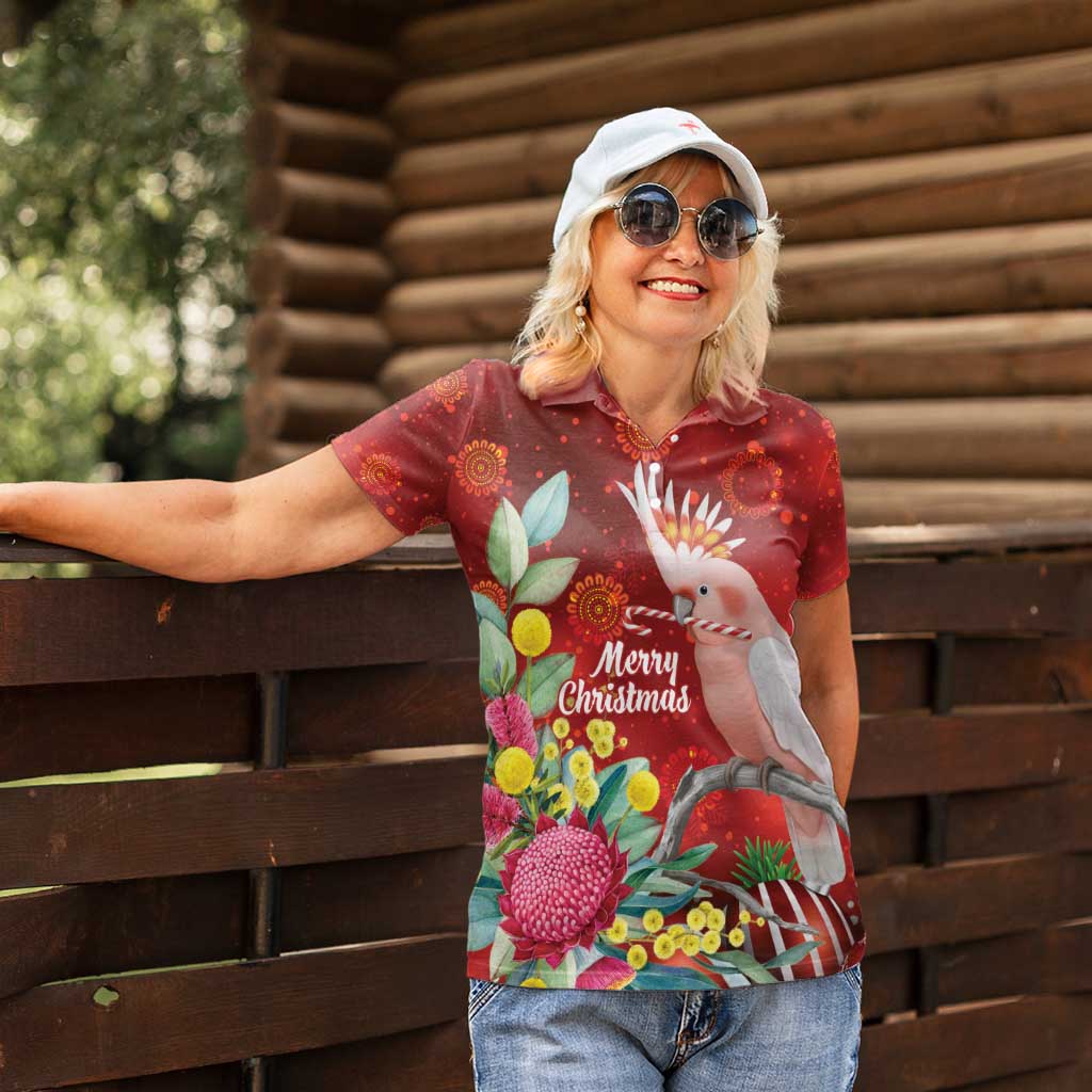 Australia Pink Cockatoo Christmas Women Polo Shirt Aussie Native Flowers Merry Xmas - Red - Aussie Hoodie