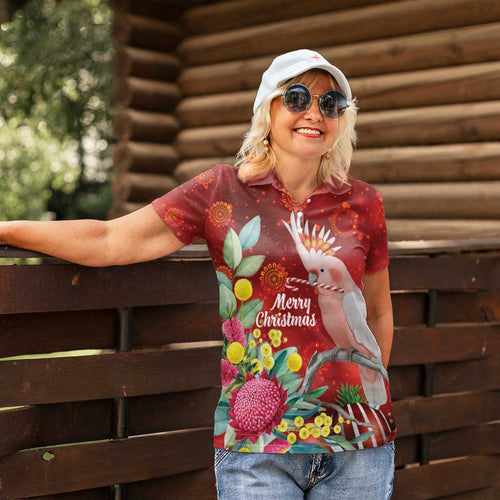 Australia Pink Cockatoo Christmas Women Polo Shirt Aussie Native Flowers Merry Xmas - Red - Aussie Hoodie