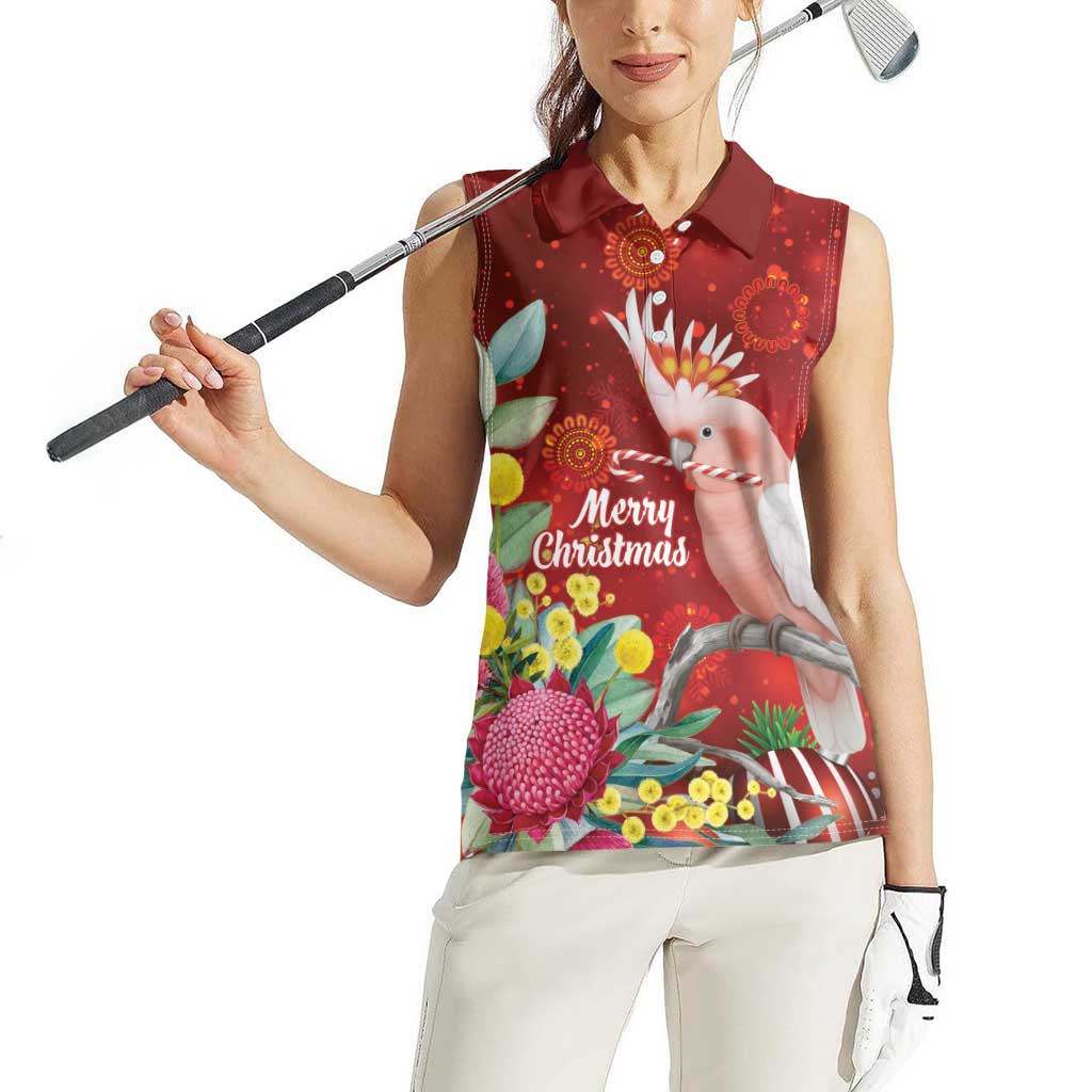 Australia Pink Cockatoo Christmas Women Sleeveless Polo Shirt Aussie Native Flowers Merry Xmas - Red - Aussie Hoodie