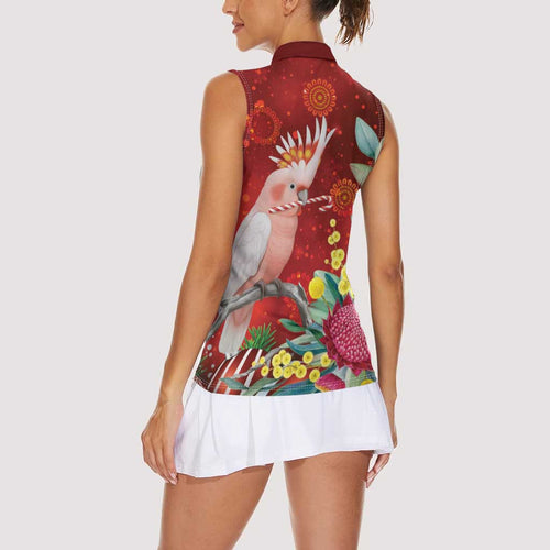 Australia Pink Cockatoo Christmas Women Sleeveless Polo Shirt Aussie Native Flowers Merry Xmas - Red - Aussie Hoodie