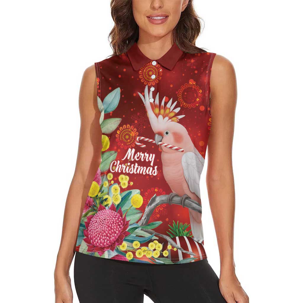 Australia Pink Cockatoo Christmas Women Sleeveless Polo Shirt Aussie Native Flowers Merry Xmas - Red - Aussie Hoodie
