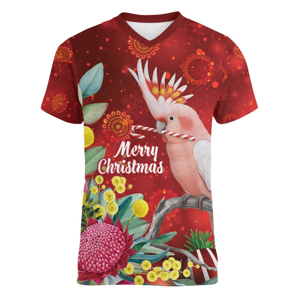 Australia Pink Cockatoo Christmas Women V-Neck T-Shirt Aussie Native Flowers Merry Xmas - Red - Aussie Hoodie