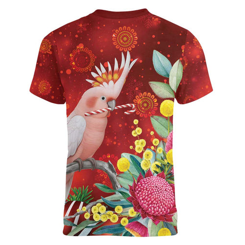 Australia Pink Cockatoo Christmas Women V-Neck T-Shirt Aussie Native Flowers Merry Xmas - Red - Aussie Hoodie