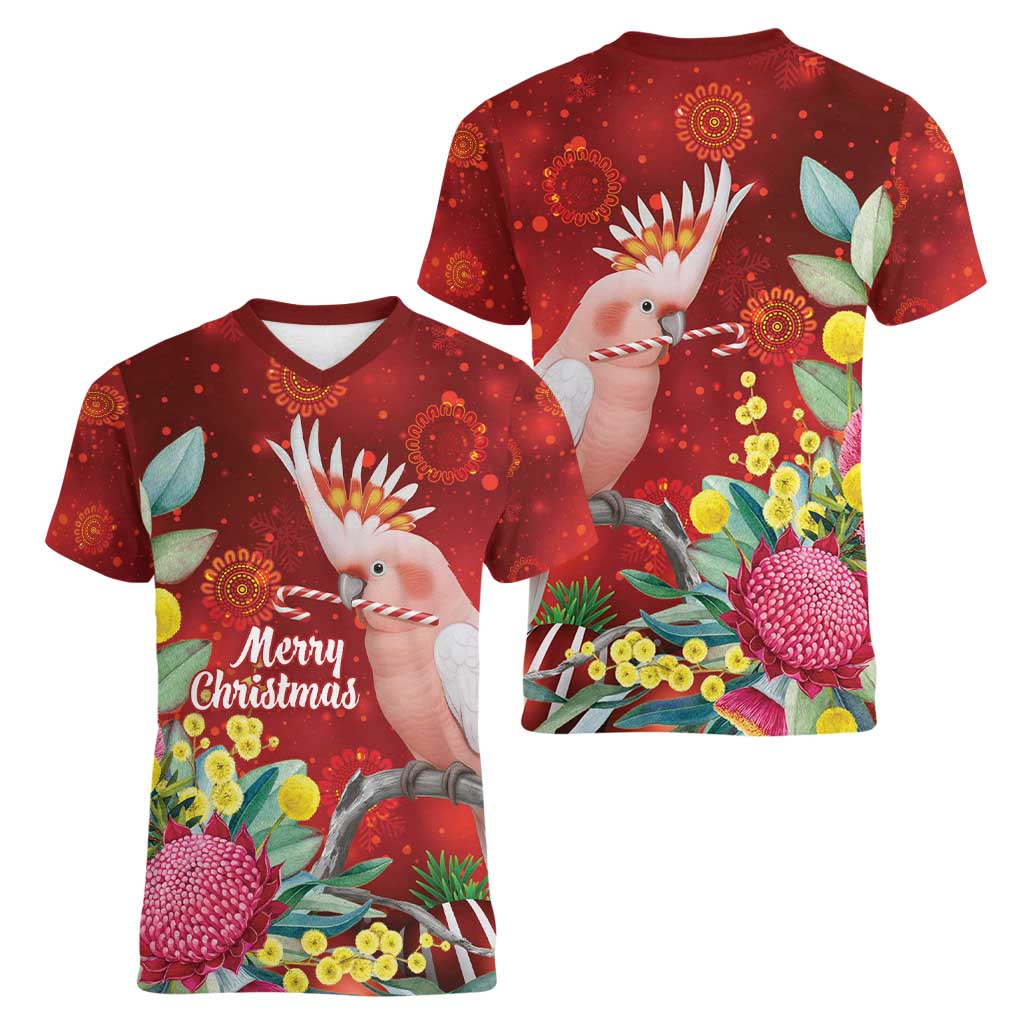 Australia Pink Cockatoo Christmas Women V-Neck T-Shirt Aussie Native Flowers Merry Xmas - Red - Aussie Hoodie