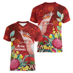 Australia Pink Cockatoo Christmas Women V-Neck T-Shirt Aussie Native Flowers Merry Xmas - Red - Aussie Hoodie
