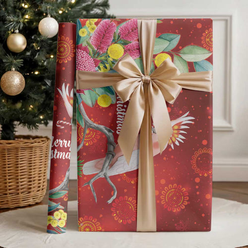 Australia Pink Cockatoo Christmas Wrapping Paper Aussie Native Flowers Merry Xmas - Red - Aussie Hoodie