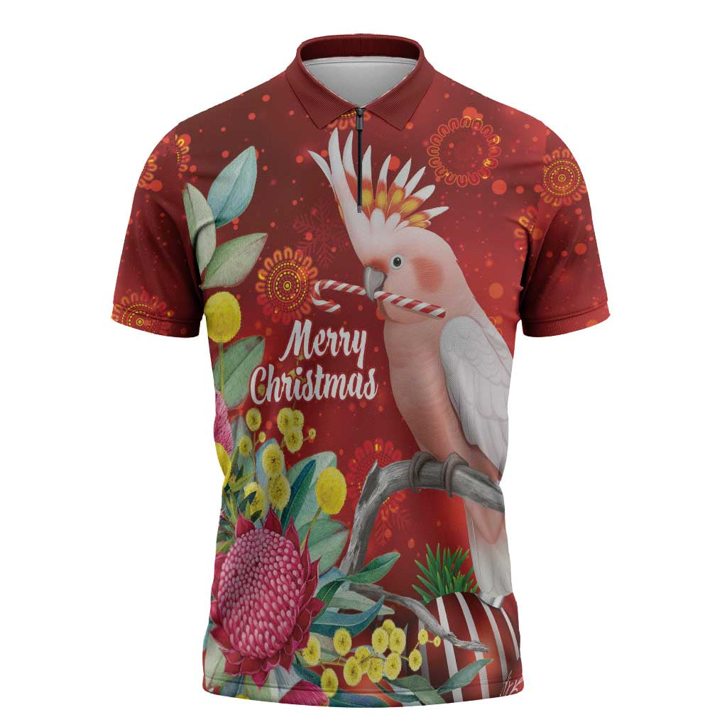 Australia Pink Cockatoo Christmas Zipper Polo Shirt Aussie Native Flowers Merry Xmas - Red - Aussie Hoodie