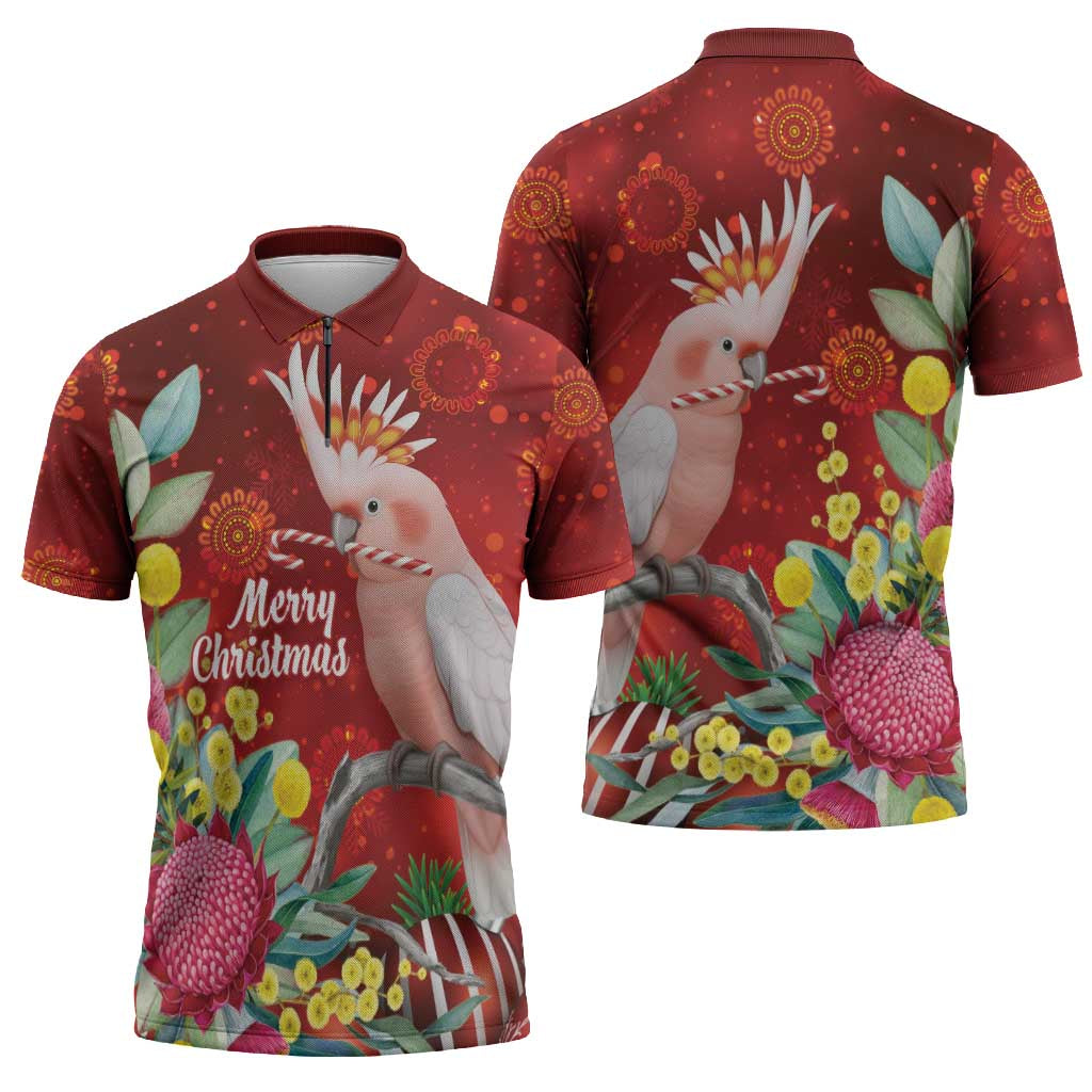 Australia Pink Cockatoo Christmas Zipper Polo Shirt Aussie Native Flowers Merry Xmas - Red - Aussie Hoodie