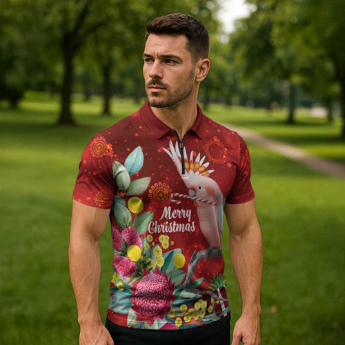 Australia Pink Cockatoo Christmas Zipper Polo Shirt Aussie Native Flowers Merry Xmas - Red - Aussie Hoodie