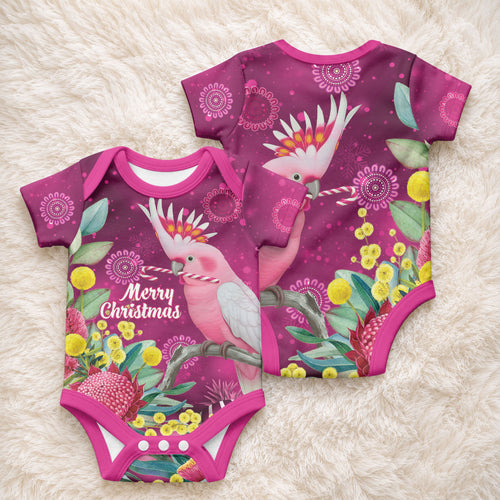 Australia Pink Cockatoo Christmas Baby Onesie Aussie Native Flowers Merry Xmas - Pink