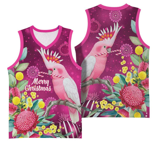 Australia Pink Cockatoo Christmas Basketball Jersey Aussie Native Flowers Merry Xmas - Pink - Aussie Hoodie