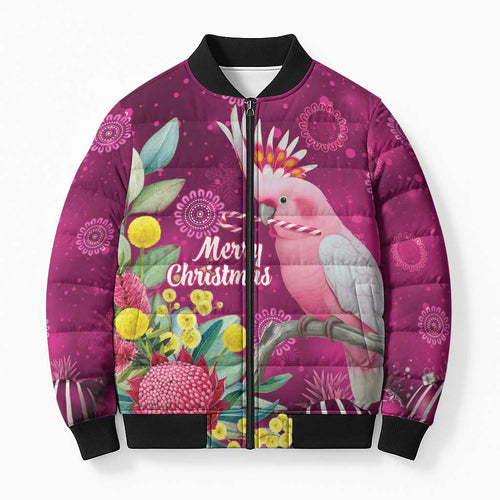 Australia Pink Cockatoo Christmas Bomber Puffer Jacket Aussie Native Flowers Merry Xmas - Pink - Aussie Hoodie