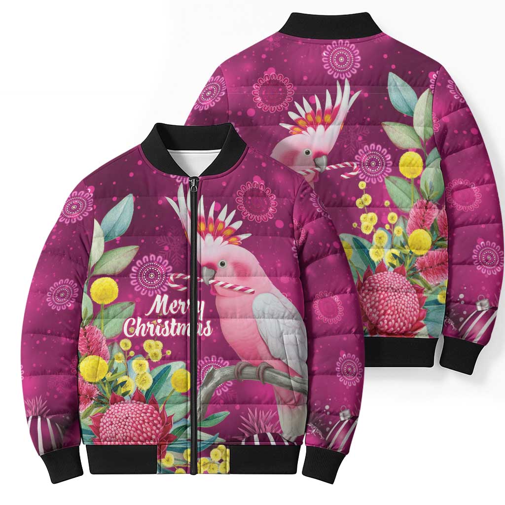 Australia Pink Cockatoo Christmas Bomber Puffer Jacket Aussie Native Flowers Merry Xmas - Pink - Aussie Hoodie