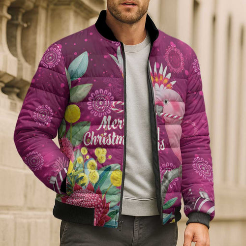 Australia Pink Cockatoo Christmas Bomber Puffer Jacket Aussie Native Flowers Merry Xmas - Pink - Aussie Hoodie