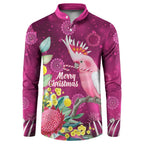 Australia Pink Cockatoo Christmas Button Sweatshirt Aussie Native Flowers Merry Xmas - Pink - Aussie Hoodie