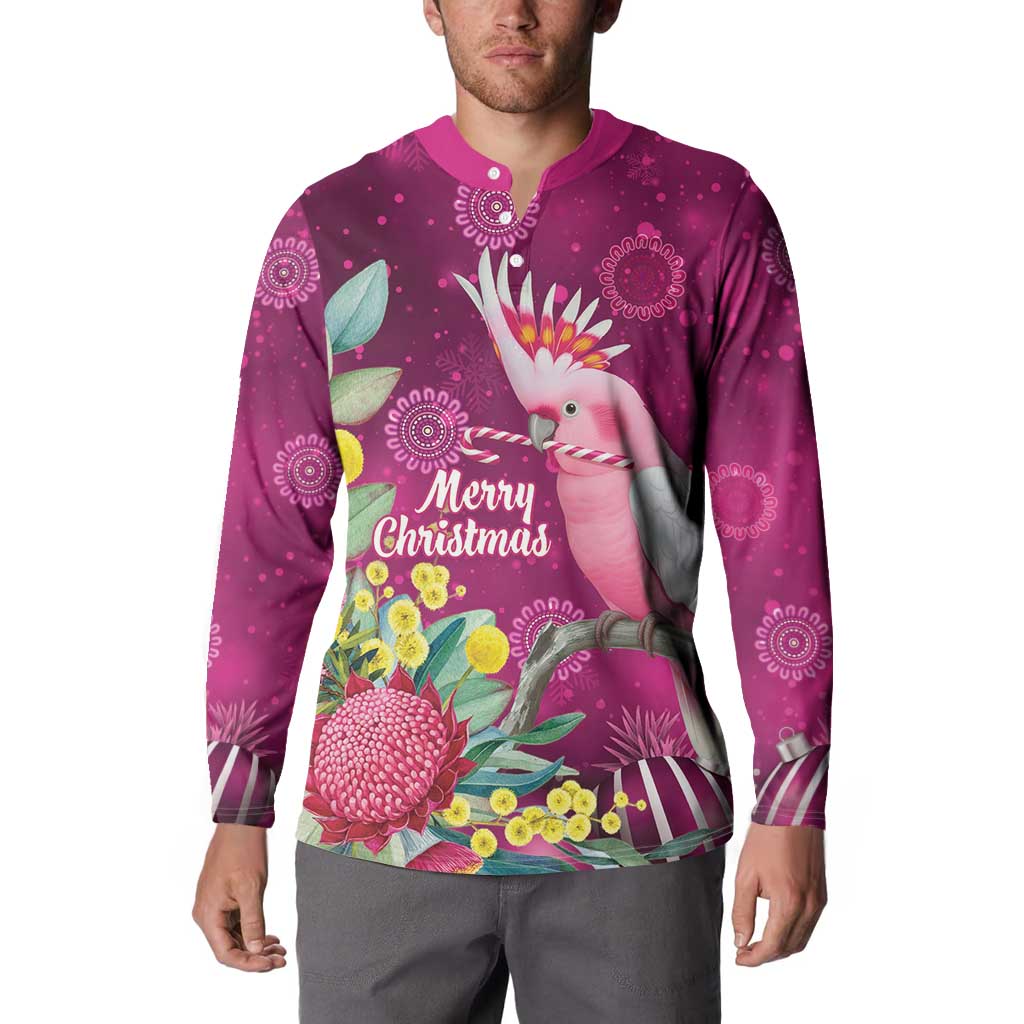 Australia Pink Cockatoo Christmas Button Sweatshirt Aussie Native Flowers Merry Xmas - Pink - Aussie Hoodie