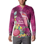 Australia Pink Cockatoo Christmas Button Sweatshirt Aussie Native Flowers Merry Xmas - Pink - Aussie Hoodie
