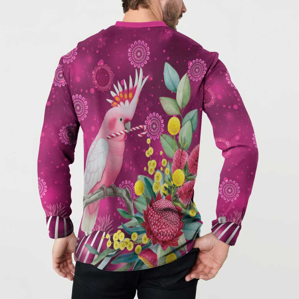 Australia Pink Cockatoo Christmas Button Sweatshirt Aussie Native Flowers Merry Xmas - Pink - Aussie Hoodie