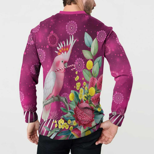 Australia Pink Cockatoo Christmas Button Sweatshirt Aussie Native Flowers Merry Xmas - Pink - Aussie Hoodie