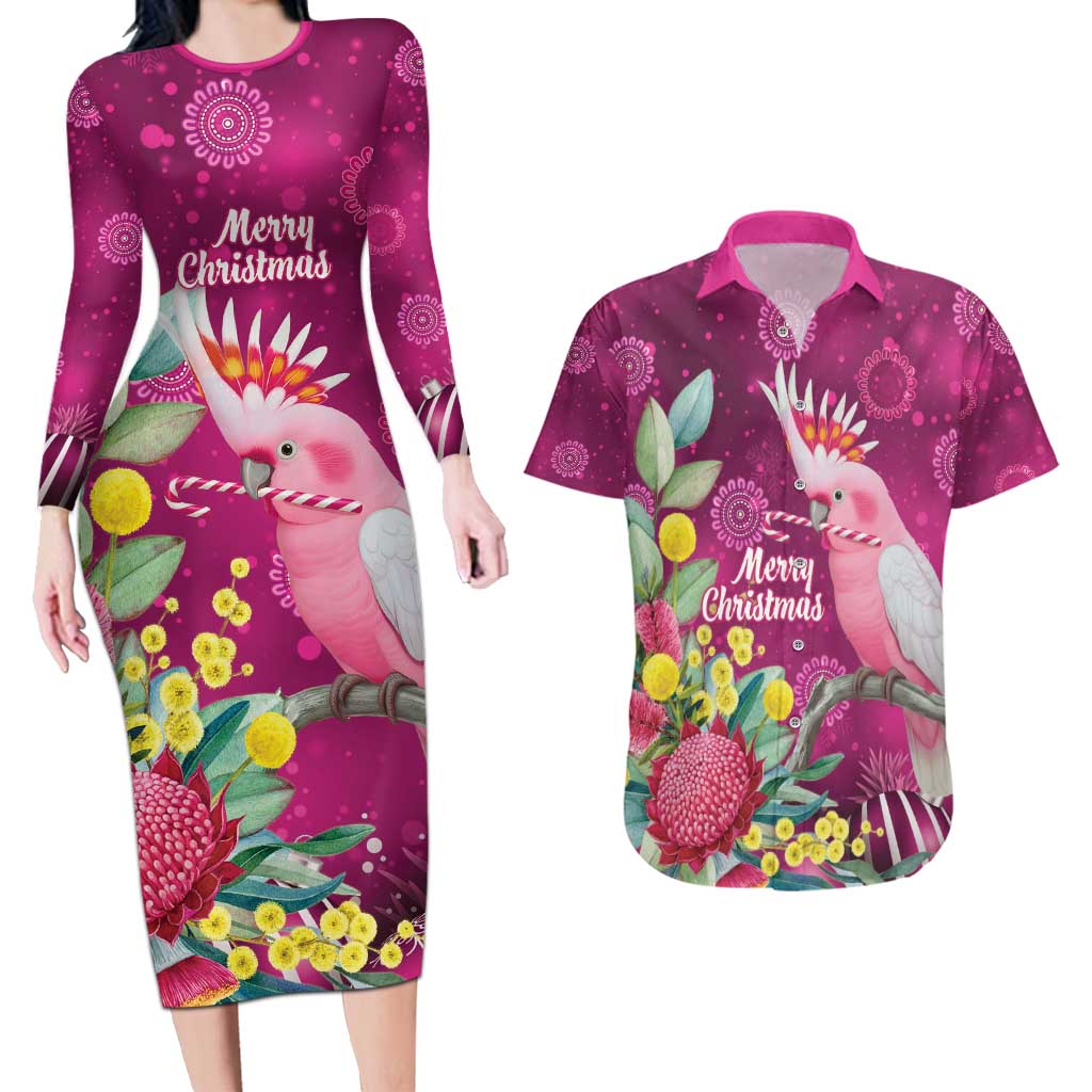 Australia Pink Cockatoo Christmas Couples Matching Long Sleeve Bodycon Dress and Hawaiian Shirt Aussie Native Flowers Merry Xmas - Pink - Aussie Hoodie