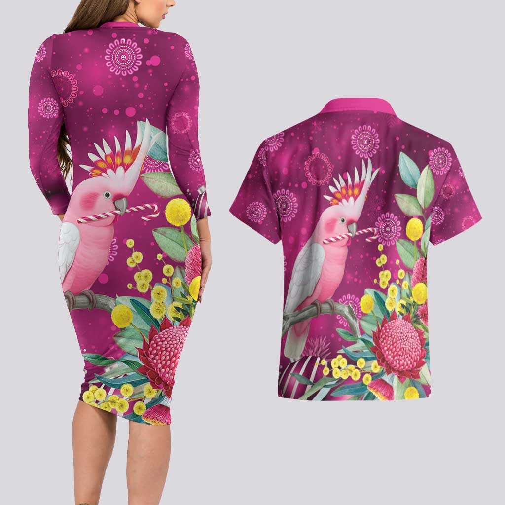 Australia Pink Cockatoo Christmas Couples Matching Long Sleeve Bodycon Dress and Hawaiian Shirt Aussie Native Flowers Merry Xmas - Pink - Aussie Hoodie