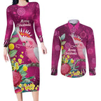 Australia Pink Cockatoo Christmas Couples Matching Long Sleeve Bodycon Dress and Long Sleeve Button Shirt Aussie Native Flowers Merry Xmas - Pink - Aussie Hoodie