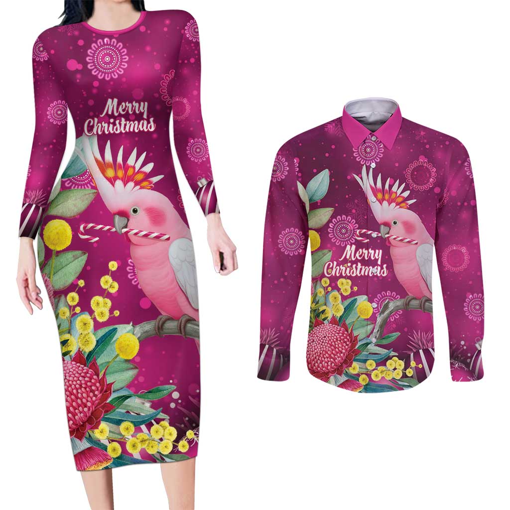 Australia Pink Cockatoo Christmas Couples Matching Long Sleeve Bodycon Dress and Long Sleeve Button Shirt Aussie Native Flowers Merry Xmas - Pink - Aussie Hoodie