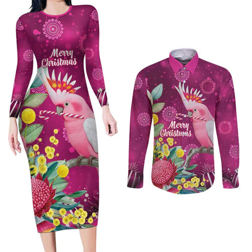Australia Pink Cockatoo Christmas Couples Matching Long Sleeve Bodycon Dress and Long Sleeve Button Shirt Aussie Native Flowers Merry Xmas - Pink - Aussie Hoodie