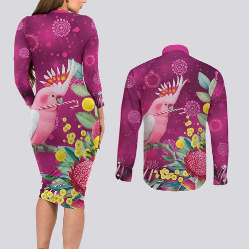 Australia Pink Cockatoo Christmas Couples Matching Long Sleeve Bodycon Dress and Long Sleeve Button Shirt Aussie Native Flowers Merry Xmas - Pink - Aussie Hoodie