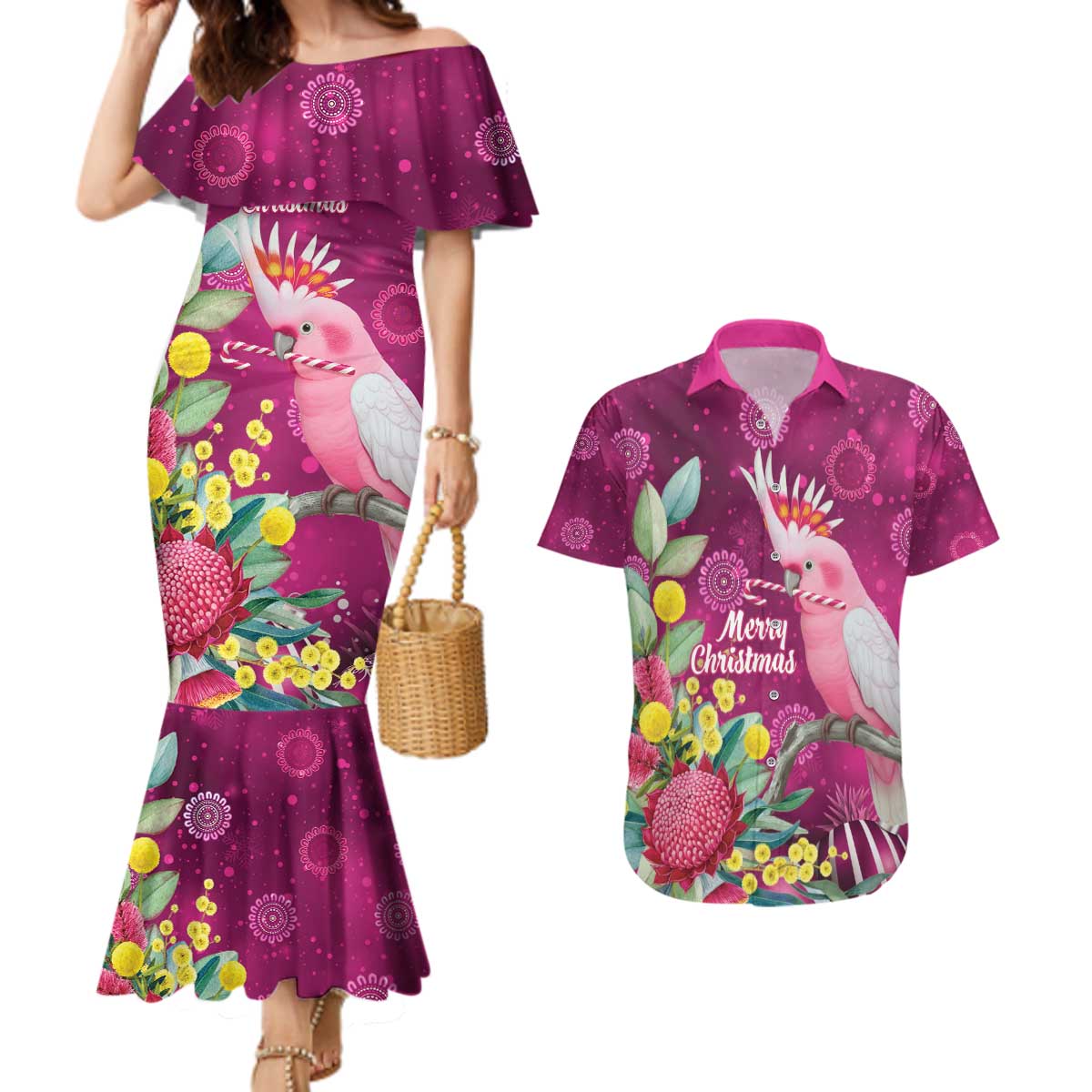Australia Pink Cockatoo Christmas Couples Matching Mermaid Dress and Hawaiian Shirt Aussie Native Flowers Merry Xmas - Pink - Aussie Hoodie