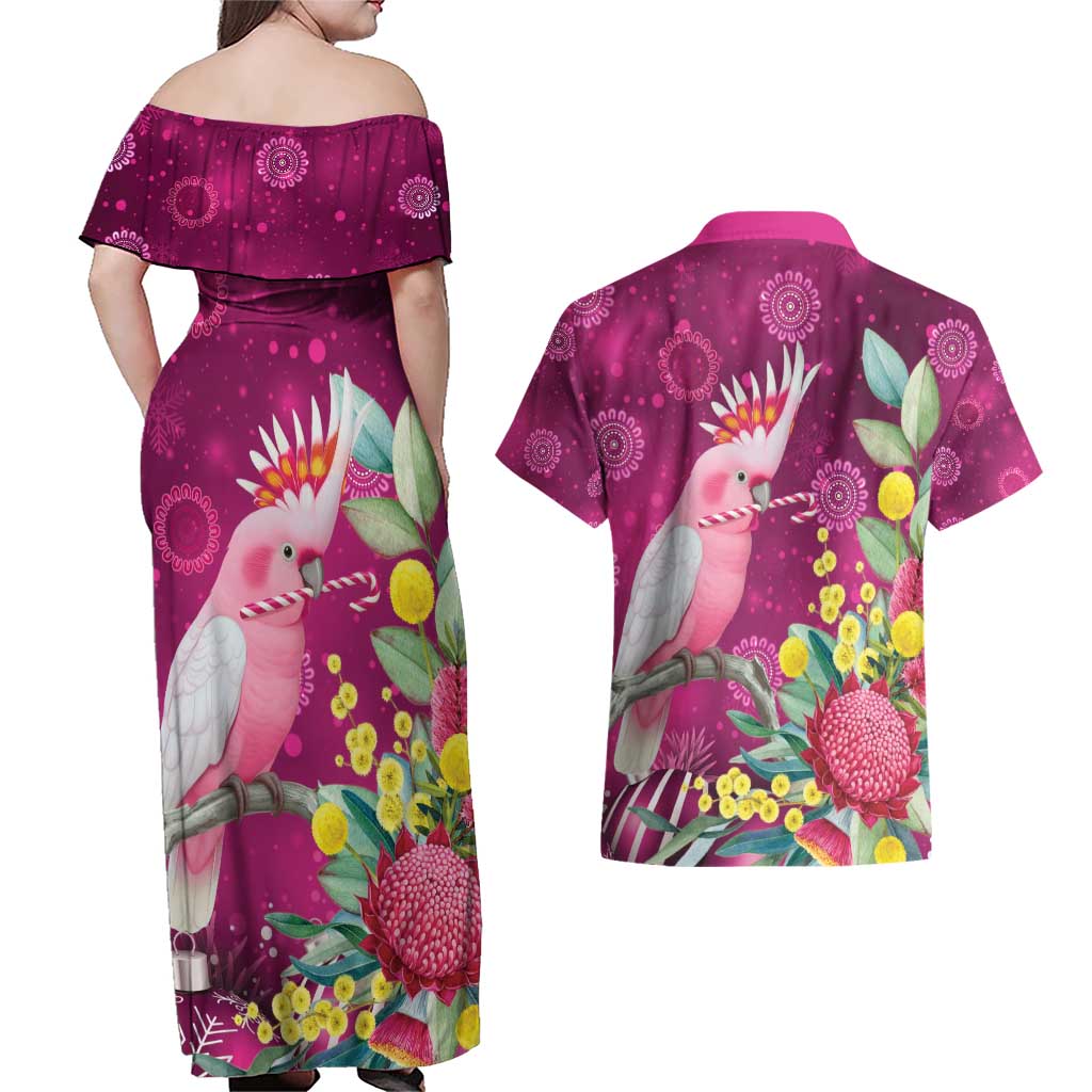 Australia Pink Cockatoo Christmas Couples Matching Off Shoulder Maxi Dress and Hawaiian Shirt Aussie Native Flowers Merry Xmas - Pink - Aussie Hoodie