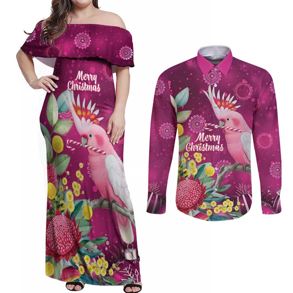 Australia Pink Cockatoo Christmas Couples Matching Off Shoulder Maxi Dress and Long Sleeve Button Shirt Aussie Native Flowers Merry Xmas - Pink - Aussie Hoodie