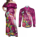 Australia Pink Cockatoo Christmas Couples Matching Off Shoulder Maxi Dress and Long Sleeve Button Shirt Aussie Native Flowers Merry Xmas - Pink - Aussie Hoodie