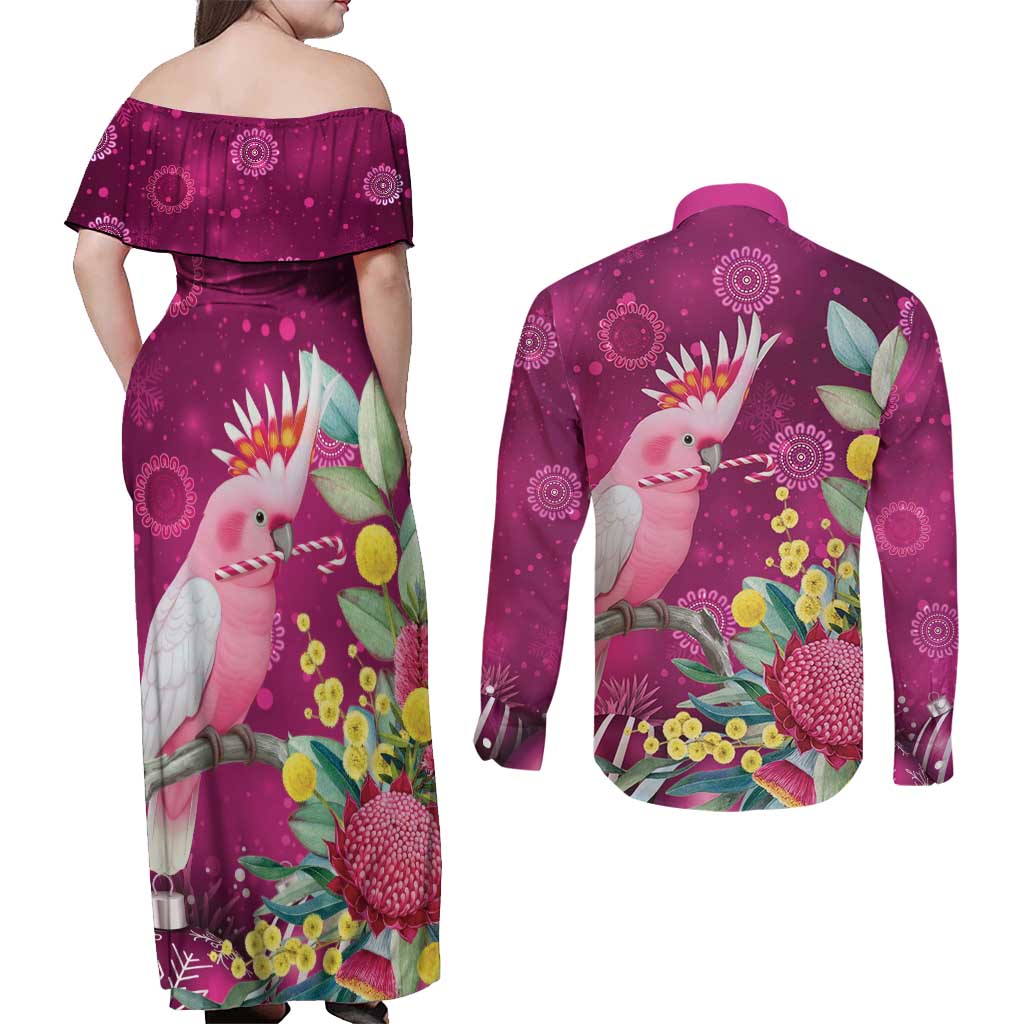 Australia Pink Cockatoo Christmas Couples Matching Off Shoulder Maxi Dress and Long Sleeve Button Shirt Aussie Native Flowers Merry Xmas - Pink - Aussie Hoodie