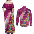 Australia Pink Cockatoo Christmas Couples Matching Off Shoulder Maxi Dress and Long Sleeve Button Shirt Aussie Native Flowers Merry Xmas - Pink - Aussie Hoodie