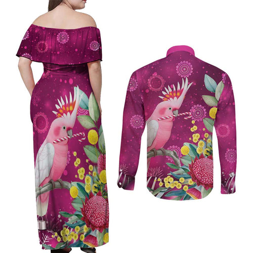 Australia Pink Cockatoo Christmas Couples Matching Off Shoulder Maxi Dress and Long Sleeve Button Shirt Aussie Native Flowers Merry Xmas - Pink - Aussie Hoodie